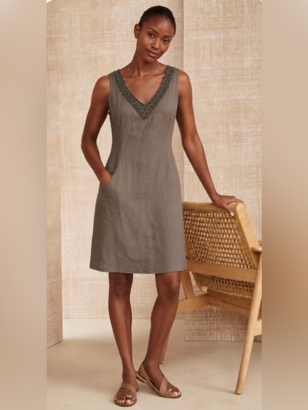 Lina Tomei 100% Linen Women’s Brown Dress Made in Italy Lagenlook Beaded Size M